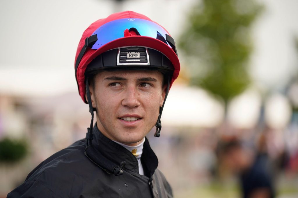 Jockey Dylan Browne McMonagle in a red helmet cover